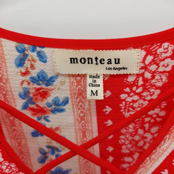 Monteau Blouse Red White Blue Flutter Dolman Sleeve Surplice Peplum Size Medium - Picture 3 of 7